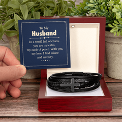 Men's Cross Leather Bracelet - To my Husband, In a world full of chaos, you are my calm, my oasis of peace.