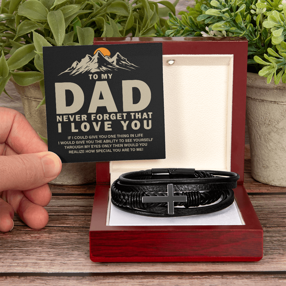 "Gift for Dad, Never forget that i Love you." -  Men's Cross Leather Bracelet - GLiMOT