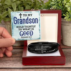 "Gift to Grandson. Hold Tightly to What is Good" Men's Cross Leather Bracelet