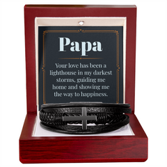 Gift for Papa - "Your Love has been a Lighthouse in my darkest storms" - Men's Cross Leather Bracelet