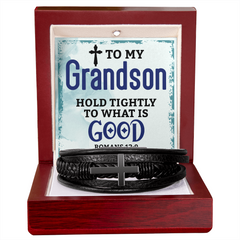 "Gift to Grandson. Hold Tightly to What is Good" Men's Cross Leather Bracelet