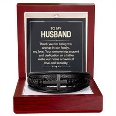 Men's Cross Leather Bracelet - To my husband, Thank you for being the anchor in our family, my love'