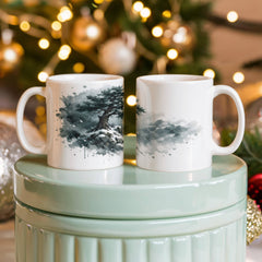 Winter Pine Tree Mug – Mountain Storm Watercolor Ceramic Mug, Strength and Endurance Gift for Nature Lovers