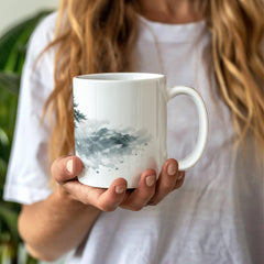 Winter Pine Tree Mug – Mountain Storm Watercolor Ceramic Mug, Strength and Endurance Gift for Nature Lovers