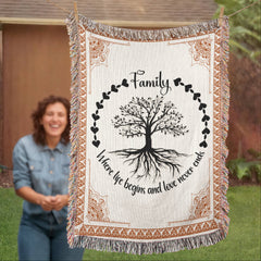 Family Tree of Life Woven Blanket – "Where Life Begins & Love Never Ends" 100% Cotton Heirloom Throw Blanket