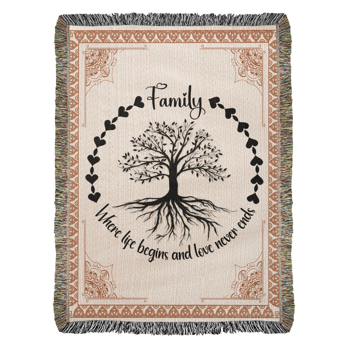 Family Tree of Life heirloom woven cotton blanket with hearts border and inspirational quote "Where life begins and love never ends" — sentimental family gift from Glimot