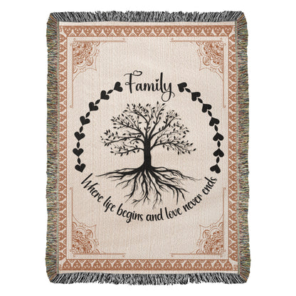 Family Tree of Life heirloom woven cotton blanket with hearts border and inspirational quote "Where life begins and love never ends" — sentimental family gift from Glimot