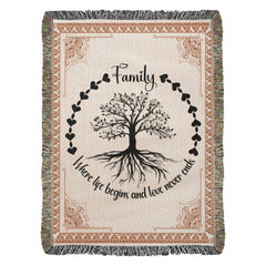 Family Tree of Life heirloom woven cotton blanket with hearts border and inspirational quote "Where life begins and love never ends" — sentimental family gift from Glimot