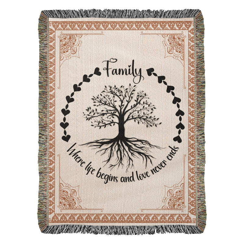 Family Tree of Life heirloom woven cotton blanket with hearts border and inspirational quote 