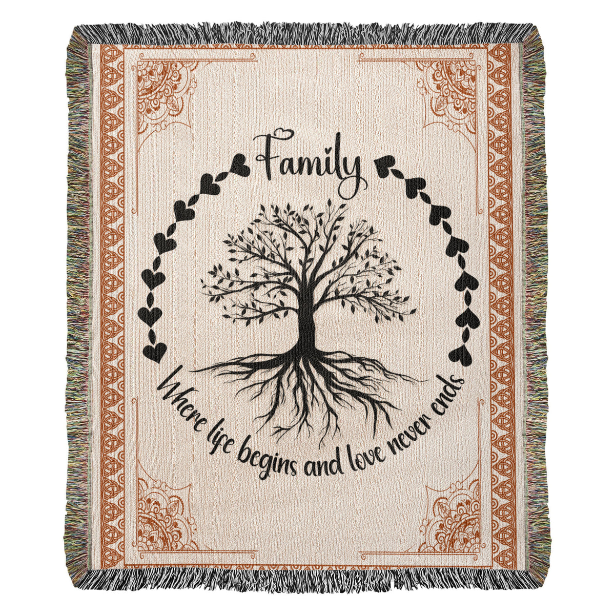 Family Tree of Life Woven Blanket – "Where Life Begins & Love Never Ends" 100% Cotton Heirloom Throw Blanket