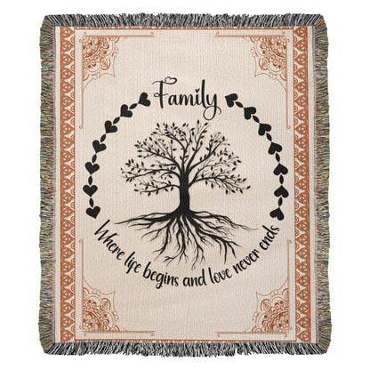 Family Tree of Life Woven Blanket – "Where Life Begins & Love Never Ends" 100% Cotton Heirloom Throw Blanket