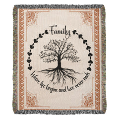 Family Tree of Life Woven Blanket – "Where Life Begins & Love Never Ends" 100% Cotton Heirloom Throw Blanket