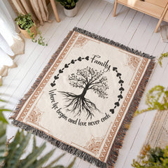 Family Tree of Life Woven Blanket – "Where Life Begins & Love Never Ends" 100% Cotton Heirloom Throw Blanket