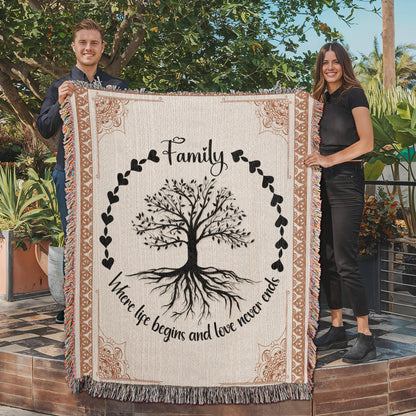 Family Tree of Life Woven Blanket – "Where Life Begins & Love Never Ends" 100% Cotton Heirloom Throw Blanket