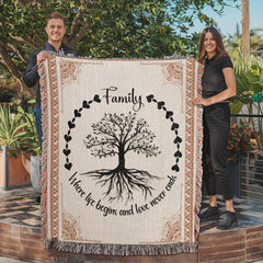 Family Tree of Life Woven Blanket – "Where Life Begins & Love Never Ends" 100% Cotton Heirloom Throw Blanket