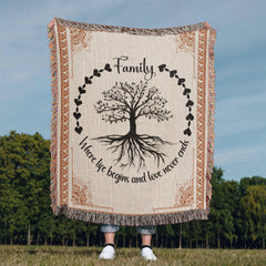 Family Tree of Life Woven Blanket – "Where Life Begins & Love Never Ends" 100% Cotton Heirloom Throw Blanket