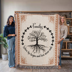 Family Tree of Life Woven Blanket – "Where Life Begins & Love Never Ends" 100% Cotton Heirloom Throw Blanket