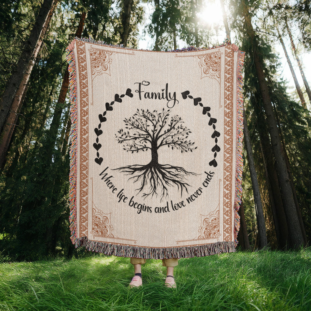 Family Tree of Life Woven Blanket – "Where Life Begins & Love Never Ends" 100% Cotton Heirloom Throw Blanket