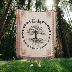 Family Tree of Life Woven Blanket – "Where Life Begins & Love Never Ends" 100% Cotton Heirloom Throw Blanket