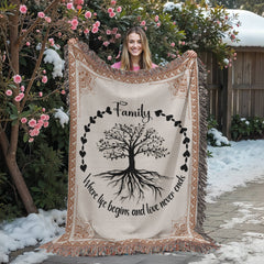 Family Tree of Life Woven Blanket – "Where Life Begins & Love Never Ends" 100% Cotton Heirloom Throw Blanket