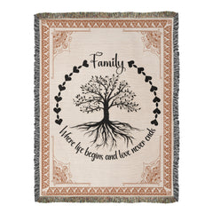 Family Tree of Life Woven Blanket – "Where Life Begins & Love Never Ends" 100% Cotton Heirloom Throw Blanket
