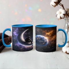 Astronaut Space Mug – Cosmic Wanderer on Crescent Moon Ceramic Mug, Galaxy Coffee Gift for Space Lovers