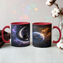 Astronaut Space Mug – Cosmic Wanderer on Crescent Moon Ceramic Mug, Galaxy Coffee Gift for Space Lovers