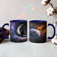 Astronaut Space Mug – Cosmic Wanderer on Crescent Moon Ceramic Mug, Galaxy Coffee Gift for Space Lovers