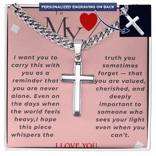 Valentine Personalized Cross Necklace – Custom Engraved Cross Pendant with Cuban Link Chain | Sentimental Gift for Him or Her - GLiMOT