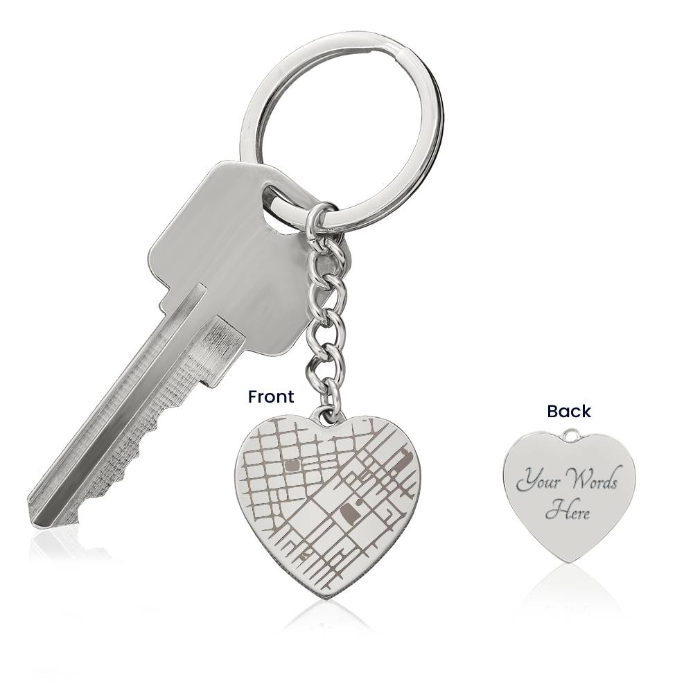 Engraved Heart Map Keychain