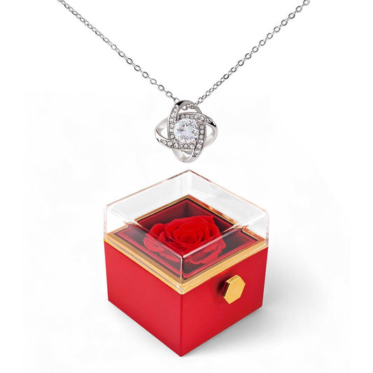 Beautiful gift box with a love knot necklace and a preserved red rose, perfect for a romantic Valentine’s Day gift for her.