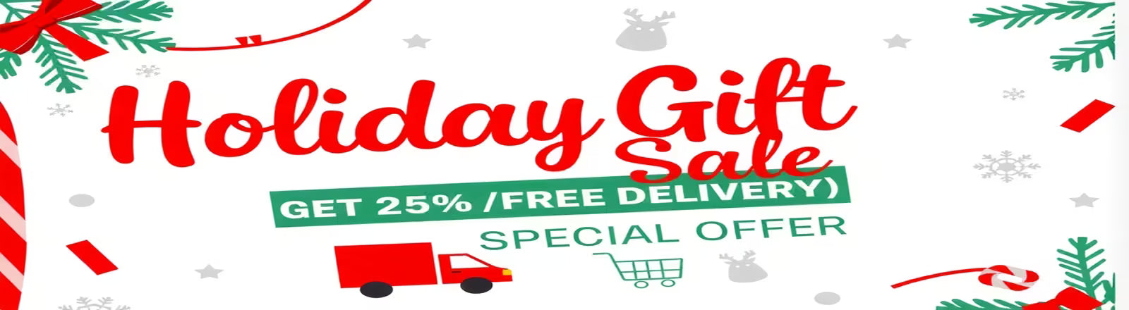 Holiday gift sale banner with promotional text and graphics on a festive background.