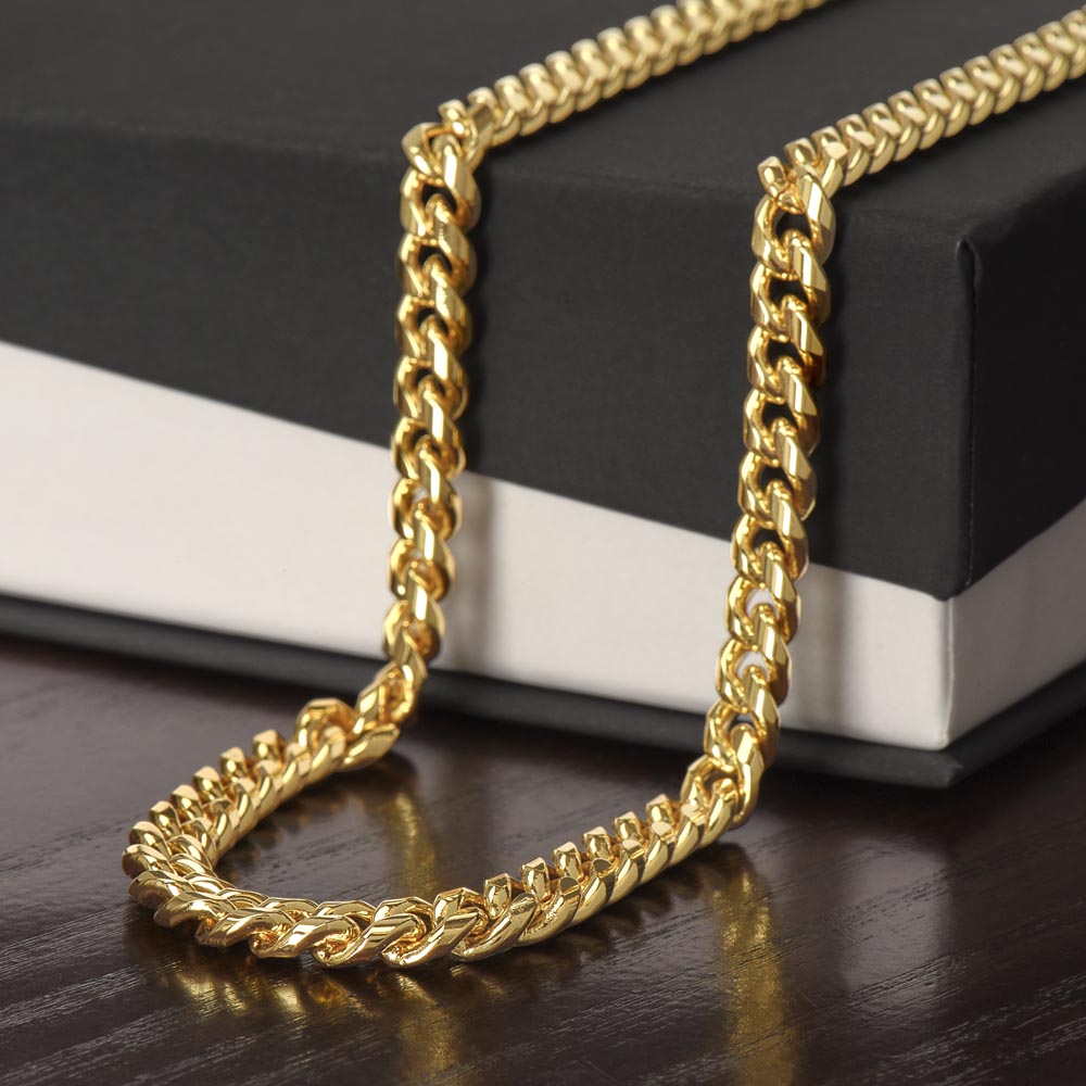 Men's Cuban link chain necklace in 14k gold finish, a top-searched Valentine's Day gift for him and a meaningful anniversary gift for a husband.
