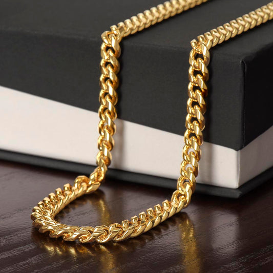Men's Cuban link chain necklace in 14k gold finish, a top-searched Valentine's Day gift for him and a meaningful anniversary gift for a husband.