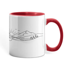 Mindfulness coffee mug with minimalist sunrise and pine tree illustration