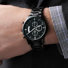 Personalized black chronograph watch with a custom message for a son’s graduation or a Valentine's Day gift for him, proudly produced in the USA.