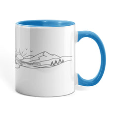 Color accent ceramic mug featuring a meditating monk and mountain landscape