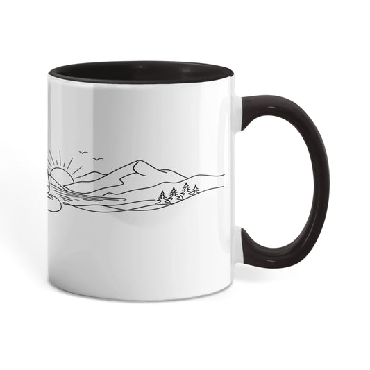 Zen meditation mug with line-art monk and sunrise design on ceramic
