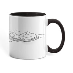 Zen meditation mug with line-art monk and sunrise design on ceramic