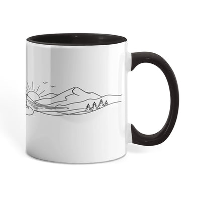 Zen meditation mug with line-art monk and sunrise design on ceramic