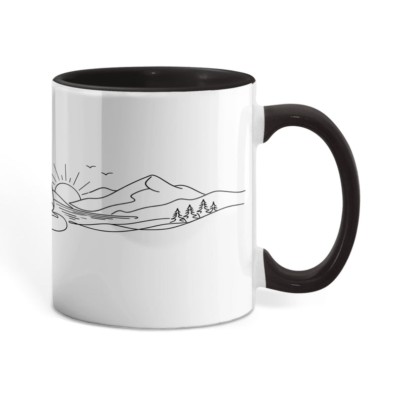 Zen meditation mug with line-art monk and sunrise design on ceramic